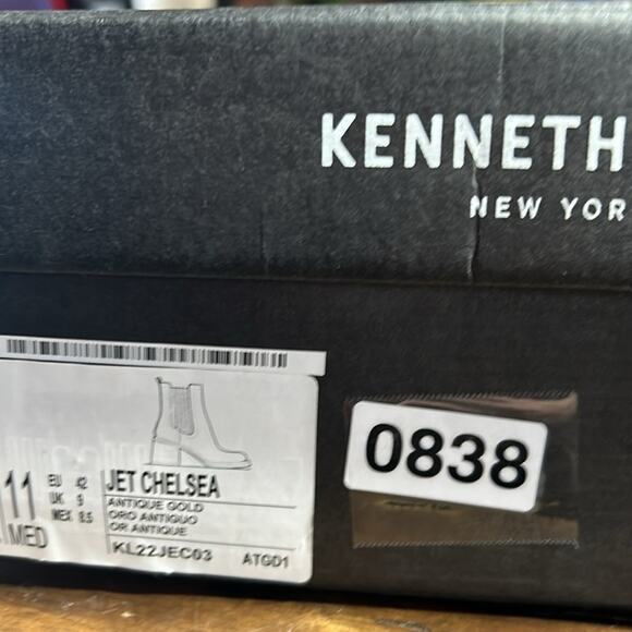 Kenneth Cole Jet Black Antique Gold Leather Chelsea Boots Chunky Heel Size 11 - Picture 12 of 12